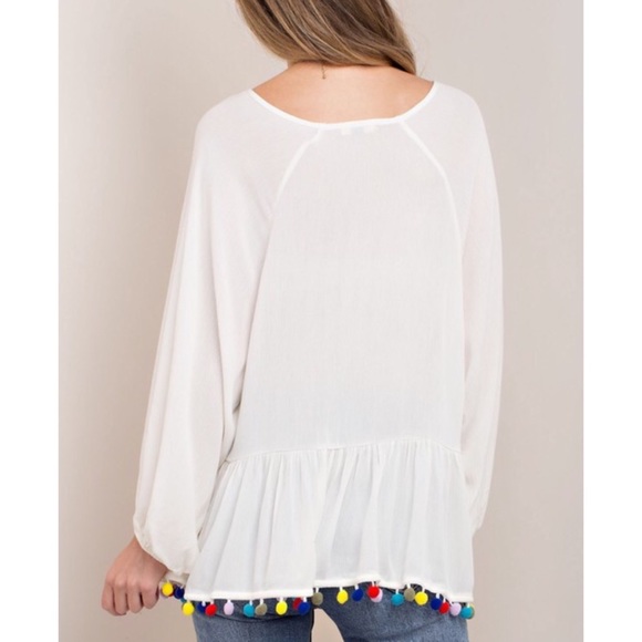 Cream Top with Pom Pom Trim 3/4 Sleeve - Picture 4 of 6